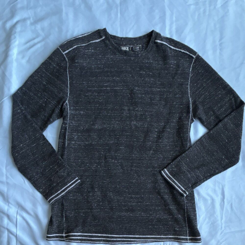 BKE Men’s Gray Solid Knit Crew Neck Pullover Sweater Contrast Stitching XL